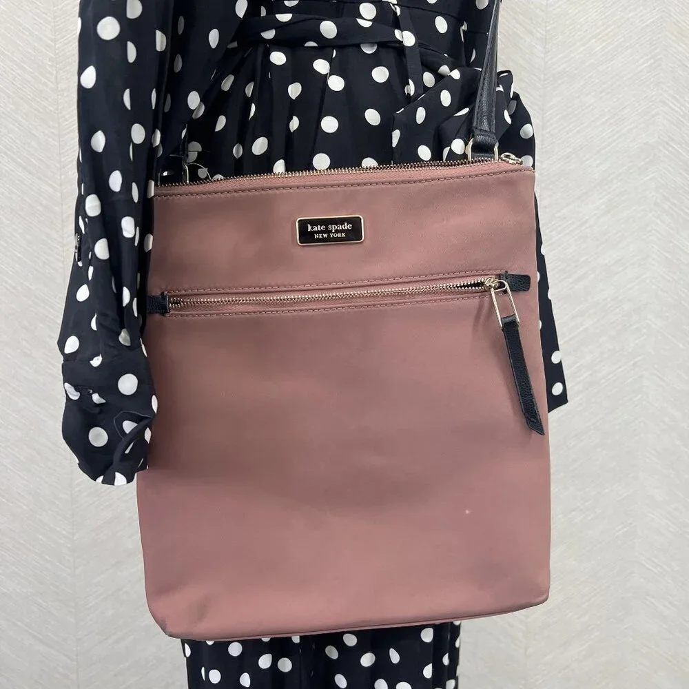 Kate Spade New York Dawn Flat Nylon and Leather Pink and Black Crossbody Bag - Picture 1 of 15